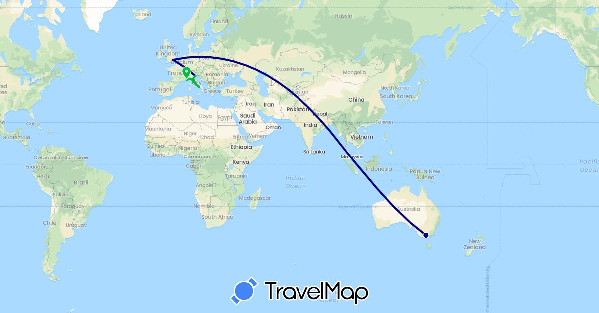 TravelMap itinerary: driving, bus in Australia, France, United Kingdom, Italy, Singapore (Asia, Europe, Oceania)
